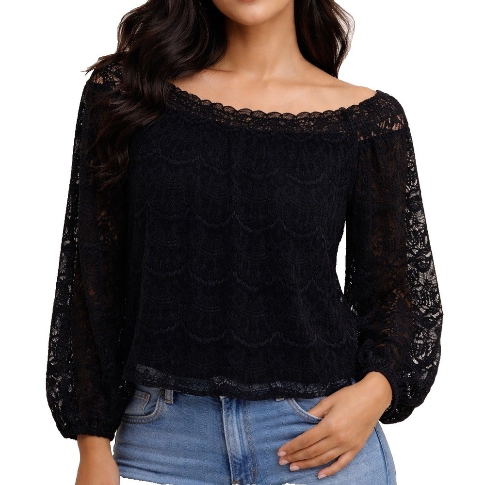 Express Off Shoulder Lace Blouse Womens XS Black Cropped Sheer Sleeve Boho Top